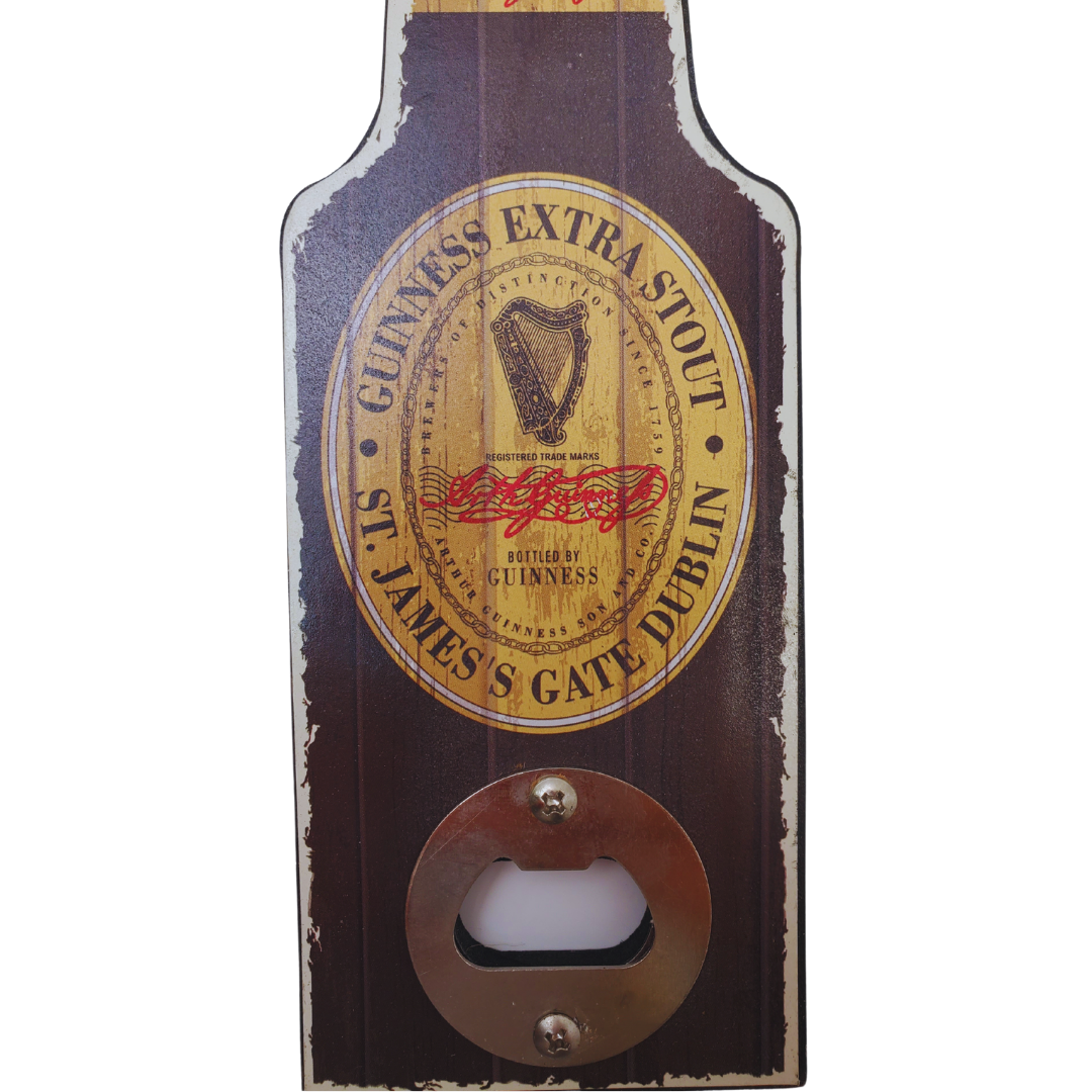 This official Guinness bottle opener is a perfect gift idea! Shaped like a bottle, featuring the traditional harp logo. Hang this on the wall in your bar or man-cave.   Official Guinness product  Twine rope for hanging Sturdy bottle opener  Pair this with our official Guinness bottle cap catcher!