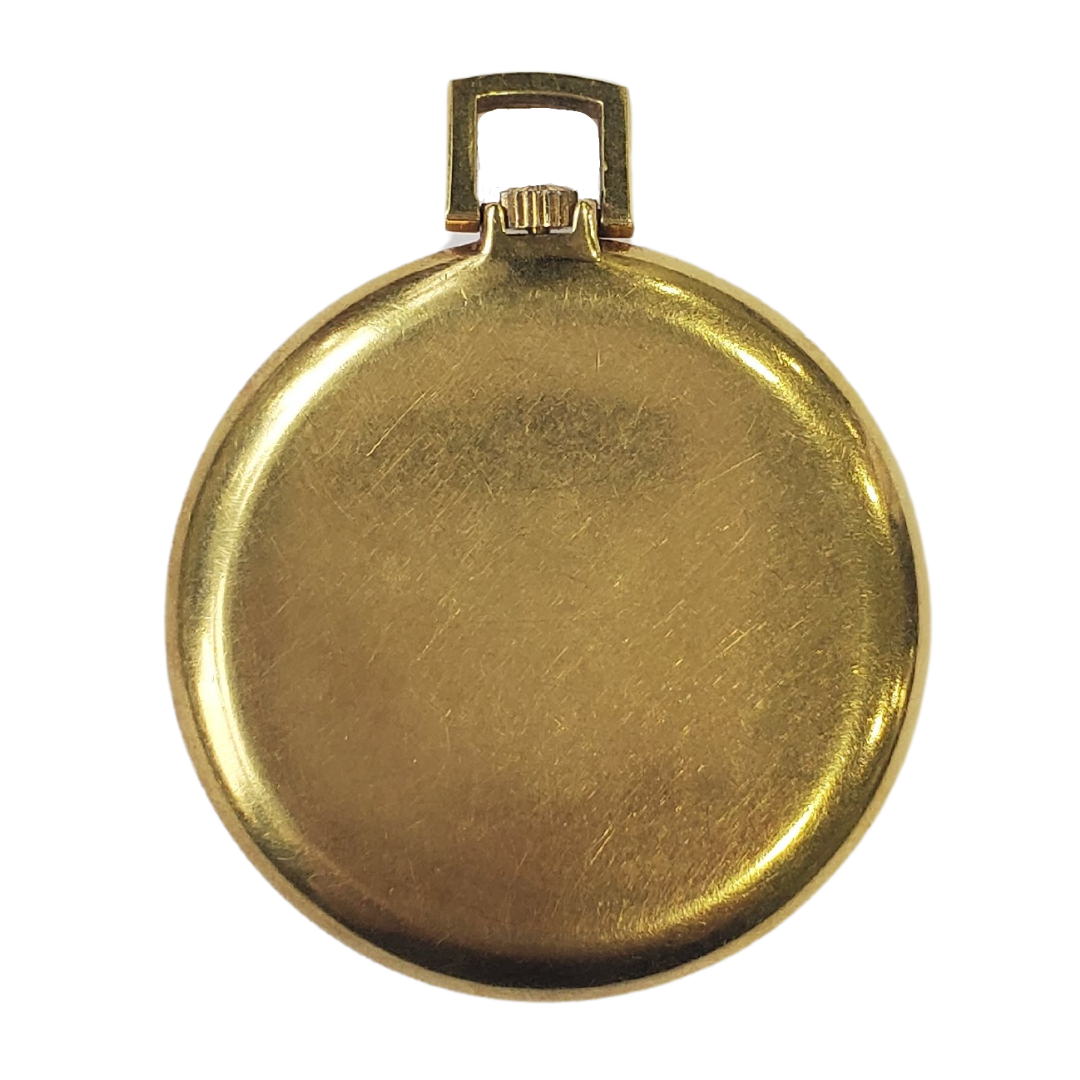 Back View of Watch - This beautiful piece is a rare find and a must-have for the collector! Dumai gold-filled pocket watch from CIRCA 1970s. 17 jewels Incabloc. Approxamatley 1 1/16th inches in wide.