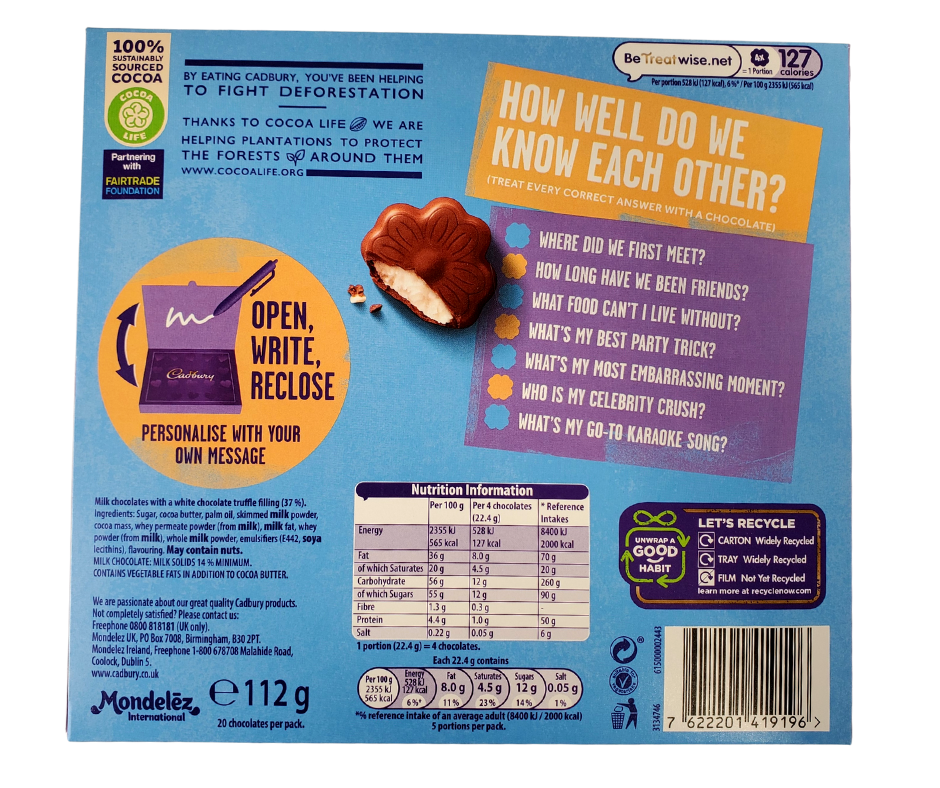 Back View of Box - This tasty confection is made with a sweet milk chocolate and filled with a gooey white chocolate. This is the perfect gift for the sweet tooth in your life!