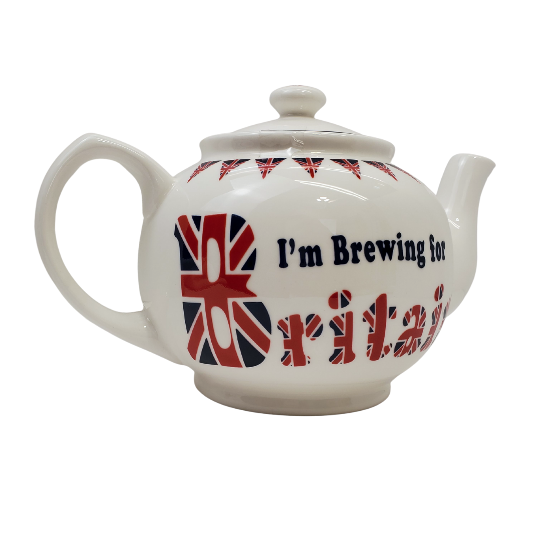 When the Queen asks 'what are you doing for Britain?' you can respond by raising this teapot! The text "I'm brewing for Britain" is on both sides of the teapot. Can hold 4 warm mugs of freshly steeped tea. Microwave and dishwasher safe.