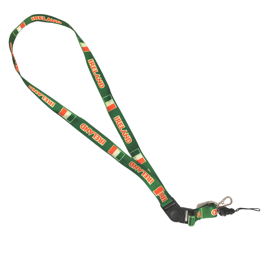 Show off your Irish heritage all while keeping your keys secured! Never lose your keys again with this stylish Ireland keychain lanyard. It showcases the beautiful national flag and the text "IRELAND." Comes with a metal clip as well as a fabric loop to secure an ID badge.