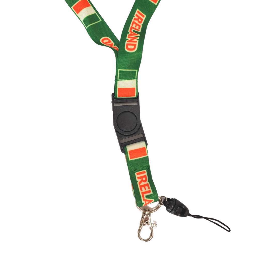 Close up view - Show off your Irish heritage all while keeping your keys secured! Never lose your keys again with this stylish Ireland keychain lanyard. It showcases the beautiful national flag and the text "IRELAND." Comes with a metal clip as well as a fabric loop to secure an ID badge.