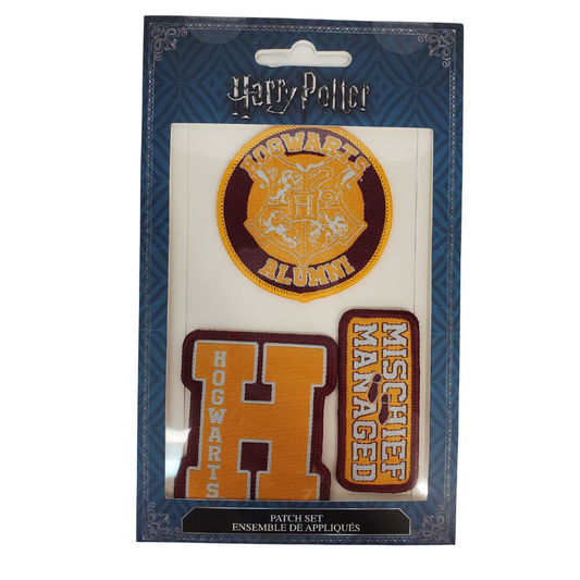 Grab this Hogwarts Patch Set! The Hogwarts Patch Set is the perfect addition for any fan wanting to bring a little magic into their wardrobe! This patch set features 3 different patches – the Hogwarts logo “H”, Hogwarts Alumni, and Mischief Managed patches. The Hogwarts Logo “H” patch measures 59 by 48 mm, the Hogwarts Alumni patch measures 55 by 55mm, and the Mischief Managed patch measures 26 by 59mm.