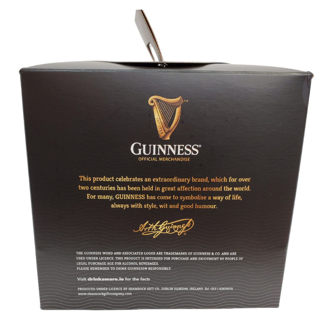 Side view of Box - Instantly recognizable by the iconic golden harp and embossed design, these gorgeous Guinness glasses would make an excellent addition to any home bar or kitchen.   There is no better way to enjoy the delicious taste of Guinness at home than in one of their official Guinness glasses. With four of them included in one pack, this is something to enjoy for many years to come!   Official Guinness Glasses Embossed Harp Design 4 x 20oz pint glasses