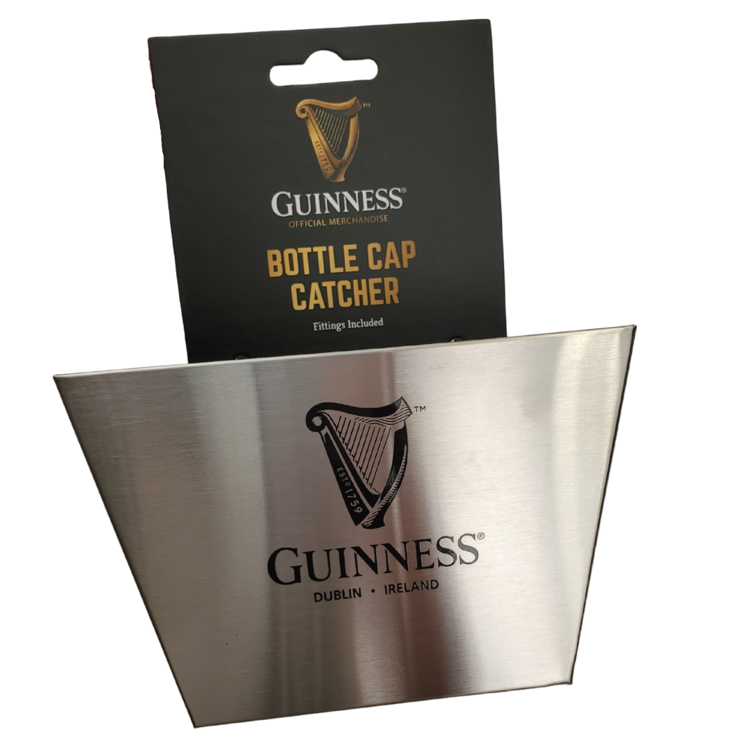Make your life easier with this wall-mounted bottle cap catcher. Create an impressive display for your in-home bar each time you open a beer.  Official Guinness Product  Wall-mount Comes with hardware to mount the bottle cap catcher