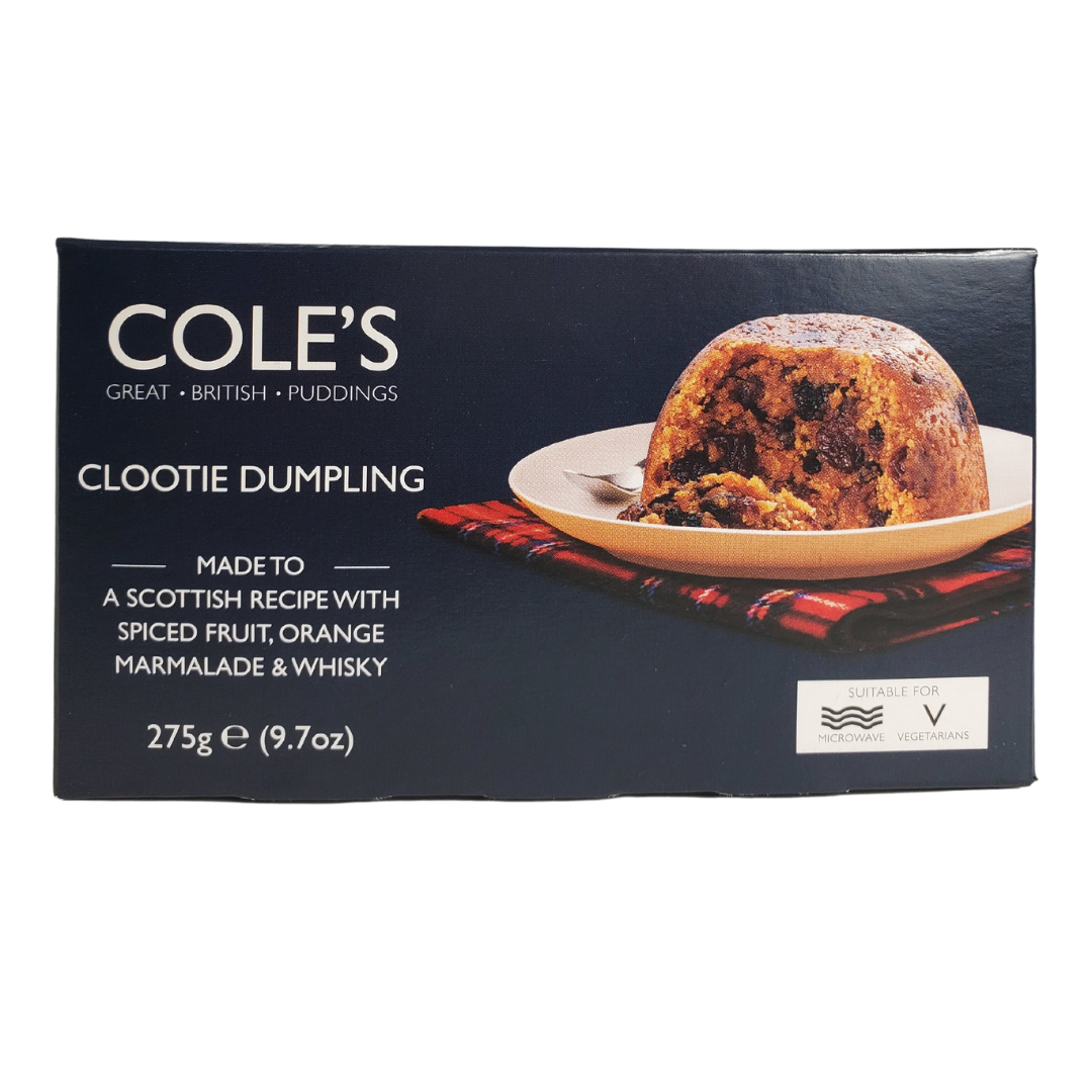 Cole's Clootie Dumpling - made to a traditional Scottish recipe with spiced fruit orange marmalade and whisky. Net weight: 275g  Imported from the UK. 