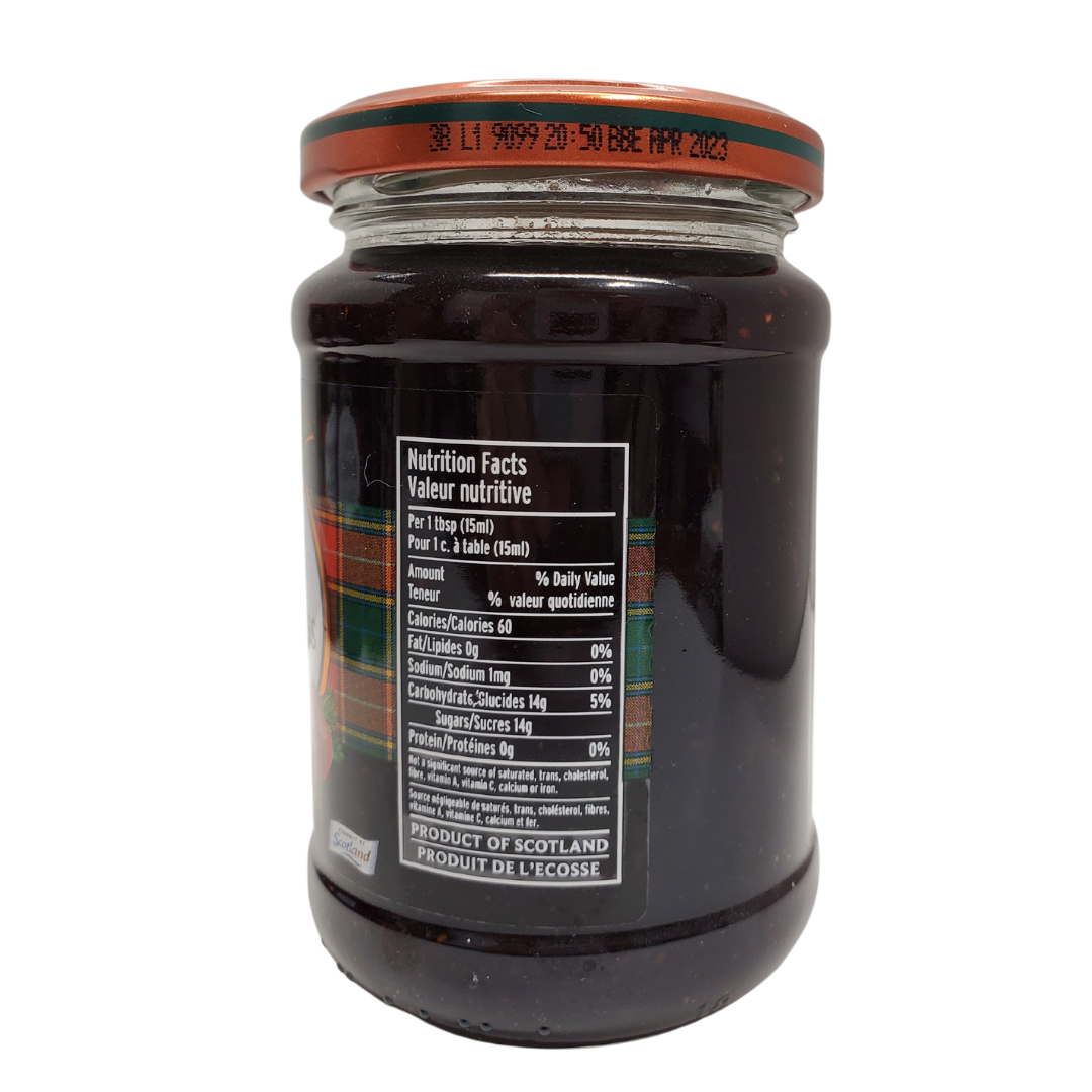 View of nutritional facts on jar - Mackays Scottish three berry jam.  This combo includes Strawberries, Raspberries and blackcurrants  Size: 250ml. 