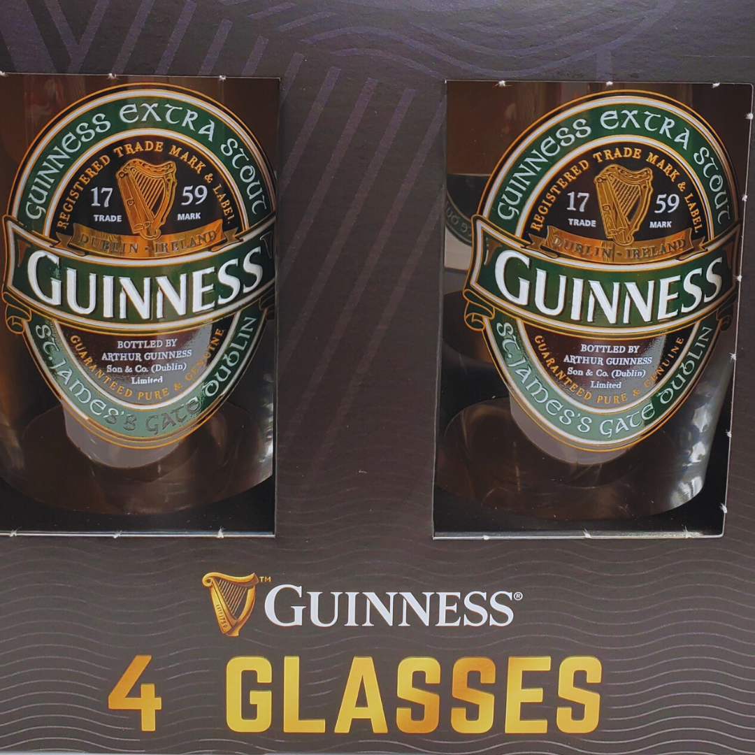 Close up of Glassess - Instantly recognizable by the iconic golden harp and embossed design, these gorgeous Guinness glasses would make an excellent addition to any home bar or kitchen.   There is no better way to enjoy the delicious taste of Guinness at home than in one of their official Guinness glasses. With four of them included in one pack, this is something to enjoy for many years to come!   Official Guinness Glasses Embossed Harp Design 4 x 20oz pint glasses