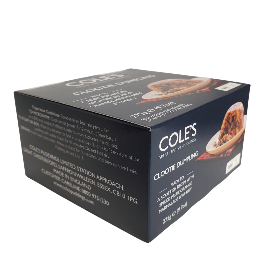 Cole's Clootie Dumpling - made to a traditional Scottish recipe with spiced fruit orange marmalade and whisky. Net weight: 275g  Imported from the UK. 