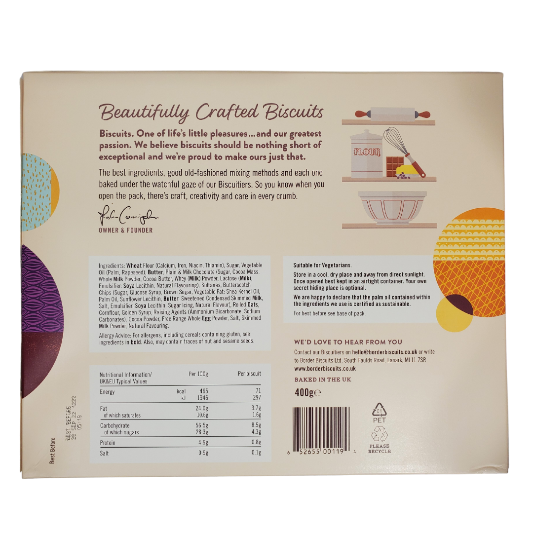 Back of Box - Beautifully crafted biscuits. These biscuits are made with the best ingredients and mixed using old-fashioned mixing methods. Each biscuit is watched carefully by the Biscuiteers. You know these cookies are crafted with care, craft, and creativity.