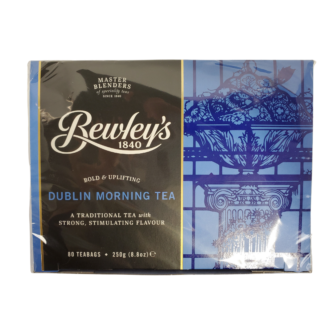 Brewley's Dublin Morning Tea - Top of Box View - A traditional tea with strong, stimulating flavour. Bewley's has blended some of the finest quality teas since 1840. This box of tea comes with 80 tea bags.
