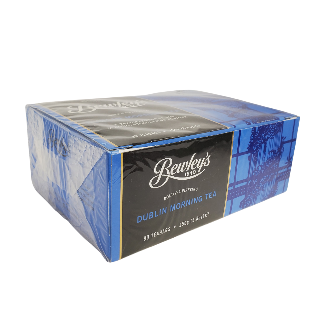 Brewley's Dublin Morning Tea - Side of Box View - A traditional tea with strong, stimulating flavour. Bewley's has blended some of the finest quality teas since 1840. This box of tea comes with 80 tea bags. 