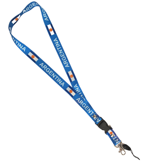 Argentina flag lanyard. It showcases the beautiful national Argentina flag and the text "ARGENTINA." Comes with a metal clip as well as a fabric loop to secure an ID badge.