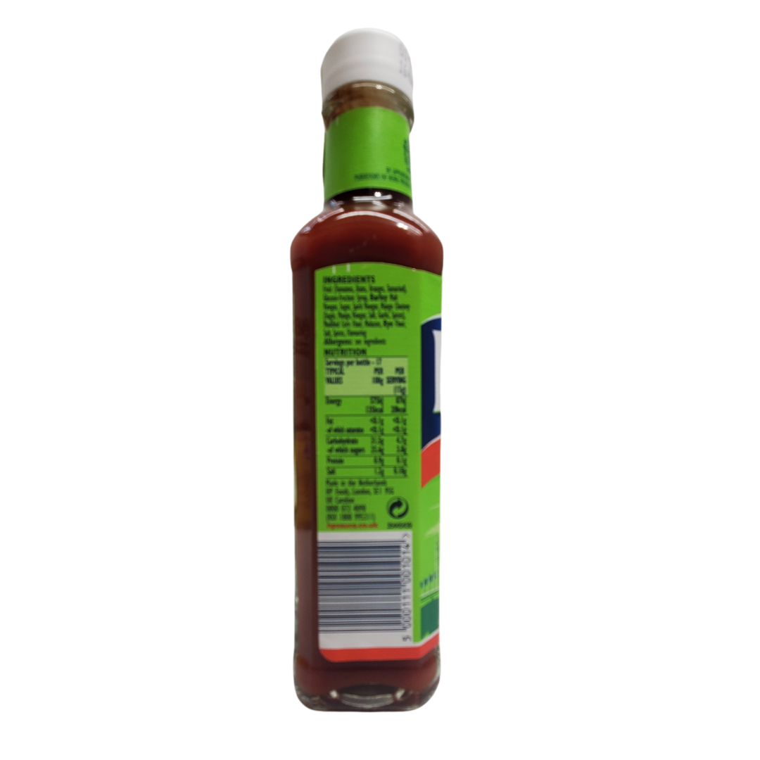 Side View of bottle - HP fruity sauce is a unique blend of mild and tangy with a subtle blend of fruits and spices. Upgrade your sandwich game with this delicious sauce!  255g.