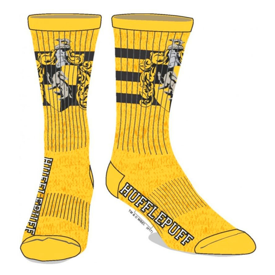 Slide into these Hufflepuff socks and keep your toes nice and warm. These Harry Potter Hufflepuff school crest crew socks are nice and soft. They are in the traditional Hufflepuff yellow and black and feature the house crest and the text "HUFFLEPUFF" on the side.  Size 10-13. 