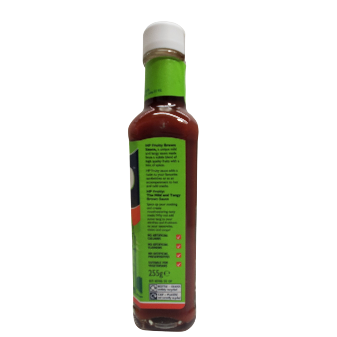 Side view of bottle - HP fruity sauce is a unique blend of mild and tangy with a subtle blend of fruits and spices. Upgrade your sandwich game with this delicious sauce!  255g.