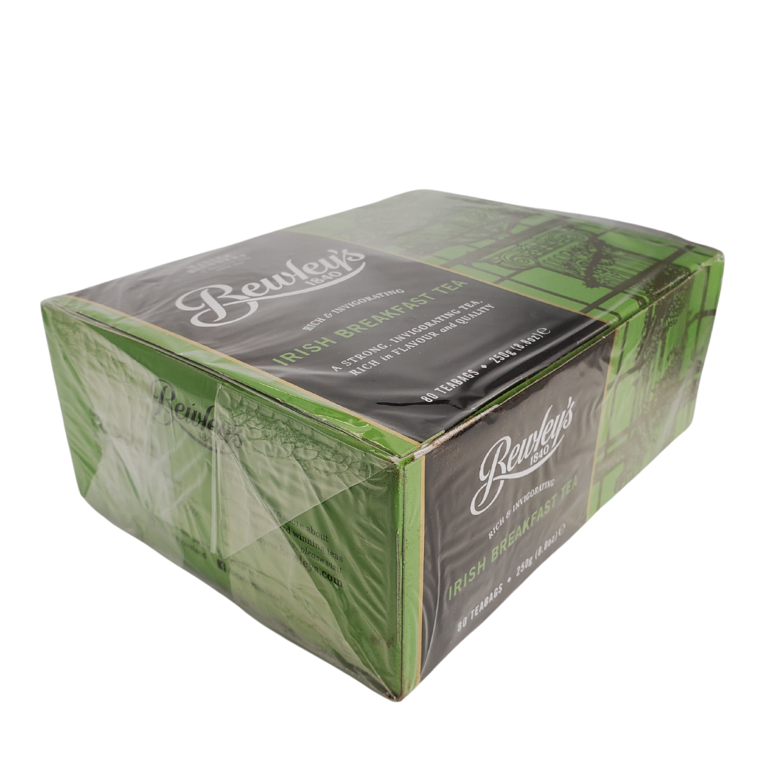 Brewley's Irish Breakfast Tea - Side View of Box - A strong invigorating tea, rich in flavour and quality. Bewley's has blended some of the finest quality teas since 1840. This box of tea comes with 80 tea bags.