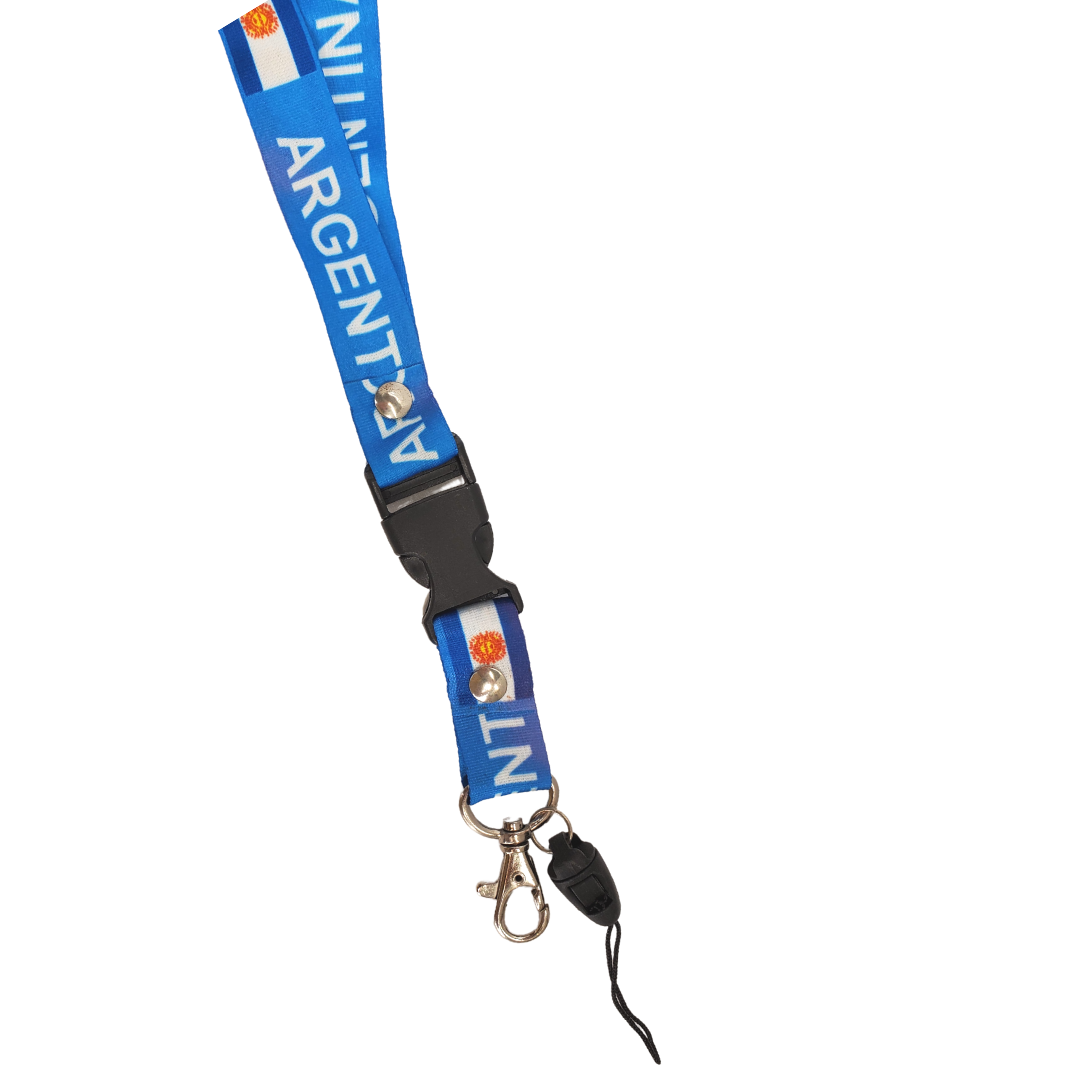 Close up image of the clip and loop securings of the Argentina lanyard. Argentina flag lanyard. It showcases the beautiful national Argentina flag and the text "ARGENTINA." Comes with a metal clip as well as a fabric loop to secure an ID badge.