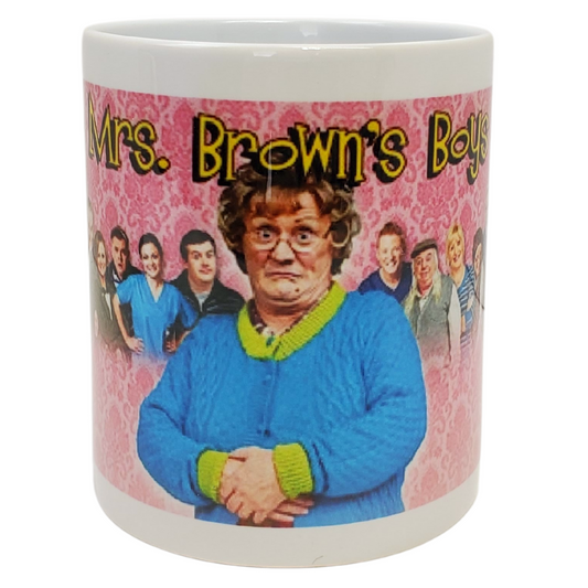 You're going to feckin' love this coffee mug! This coffee mug is perfect for the Mrs.Brown's boys fans! Features an image of Mrs.Brown and her family with the text "MRS.BROWN'S BOYS." Standard-sized coffee mug.   Get the matching magnet for only $2.99 with the purchase of a mug!