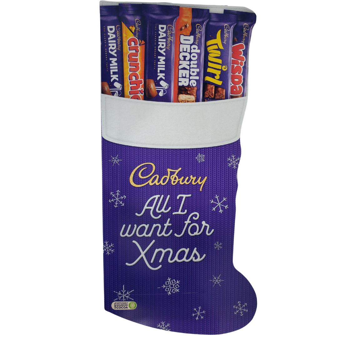 This Cadbury stocking comes packed with a variety of Cadbury's famous chocolates. Included in this cardboard stocking are Cadbury Dairy Milk (x2), Cadbury Crunchie, Cadbury Double Deckers, Cadbury Twirl, and Cadbury Wispa chocolates.