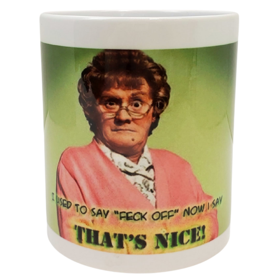 You're going to feckin' love this coffee mug! This coffee mug is perfect for the Mrs.Brown's boys fans! Featuring a cartoon image of Mrs.Brown with the text "I USED TO DAY "FECK OFF BUT NOW I SAY THATS NICE!" Standard sized coffee mug.   Get the matching magnet for only $2.99 with the purchase of a mug!