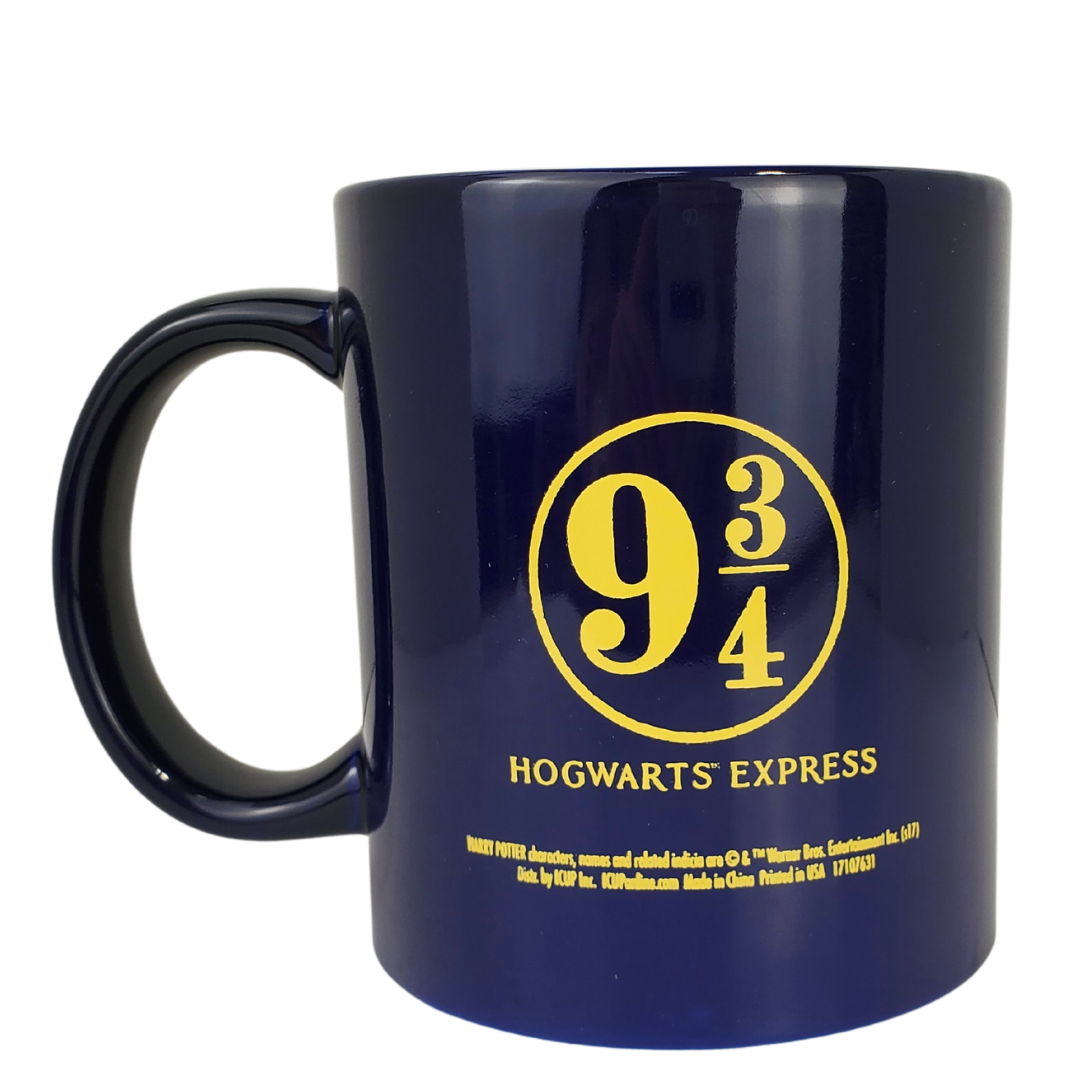 All aboard the Hogwarts Express!   ﻿Make your morning magical with this official Harry Potter Mug. This dark blue mug is printed on both sides. One side of the mug features the beautiful Hogwarts ticket we all hoped for as kids. The other side features the 9 3/4 platform sign with the text "HOGWARTS EXPRESS" below. 