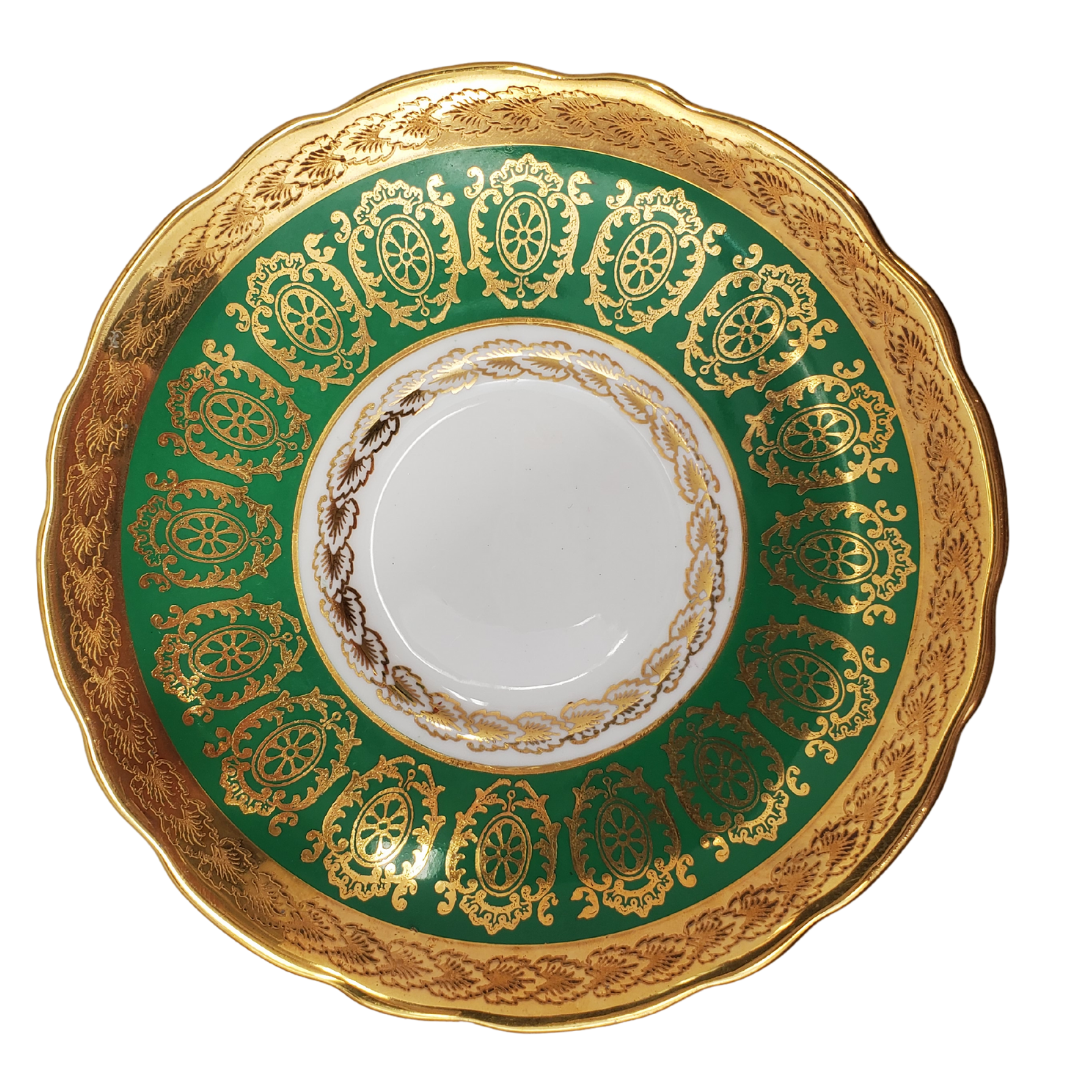 Saucer View - Gorgeous emerald and gold Royal Stafford fine china tea set. Beautiful intricate gold design, with emerald green. Floral elements. No cracks, scratches, or chips. In great condition.