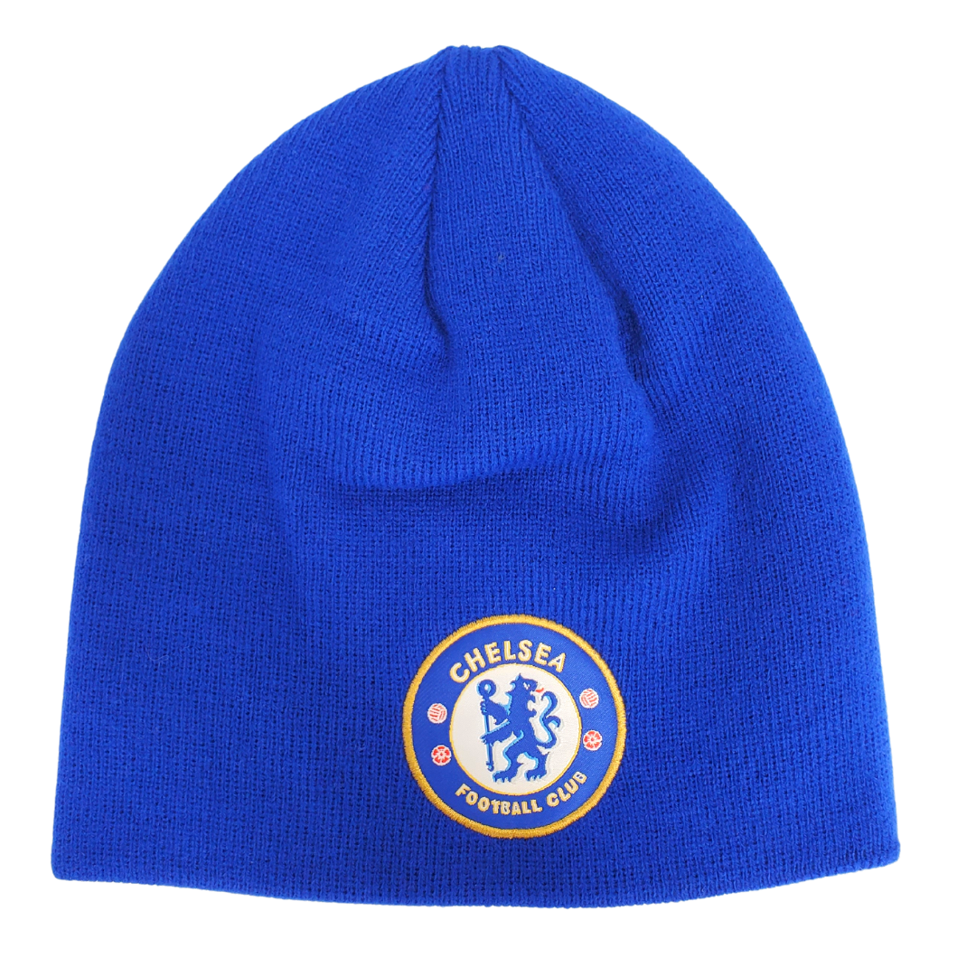 Bright blue Chelsea football club winter toque.  In the lower center of the toque is the official Chelsea Football Club logo embroidered. 