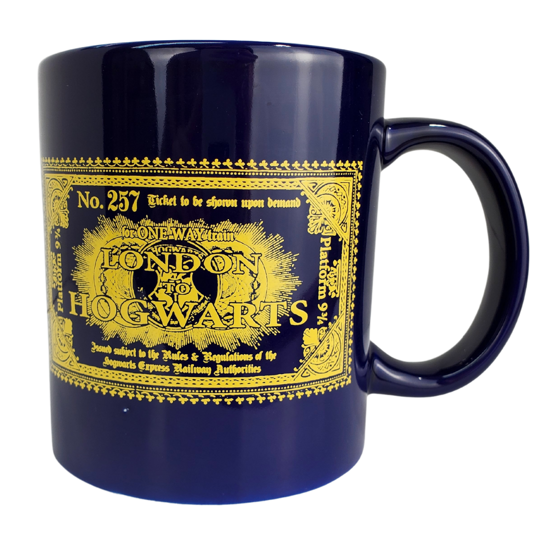 All aboard the Hogwarts Express!   ﻿Make your morning magical with this official Harry Potter Mug. This dark blue mug is printed on both sides. One side of the mug features the beautiful Hogwarts ticket we all hoped for as kids. The other side features the 9 3/4 platform sign with the text "HOGWARTS EXPRESS" below. 
