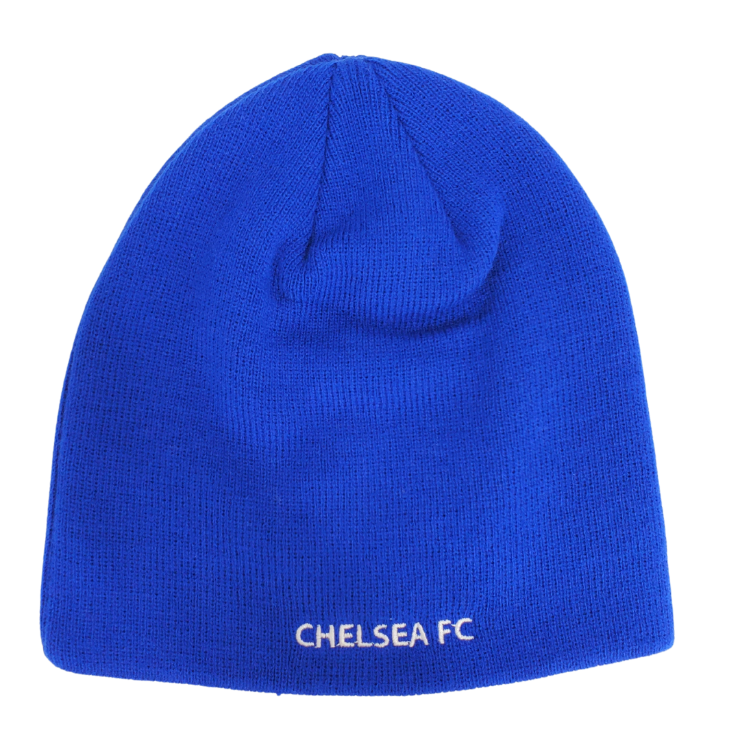 Stay warm in this cozy official Chelsea Football Club knitted toque.  This toque features the official Chelsea Football Club logo on the front and the text "CHELSEA FC" on the back on striking blue fabric. The cold weather will not prevent you from showing off team loyalty! One size fits most with the soft stretch fit fabric. 