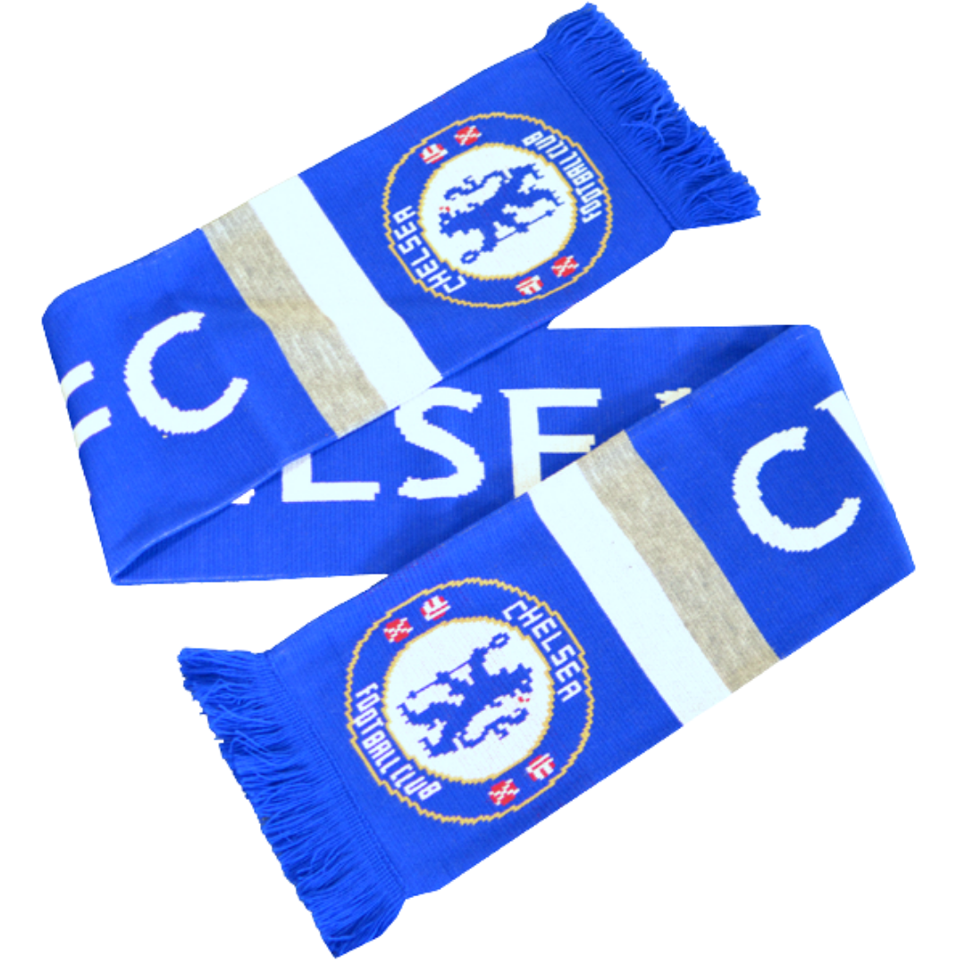 This Chelsea FC scarf is an ideal gift for any fan and is perfect for keeping warm during the colder months!  The Chelsea Stripe Scarf is blue with a white and grey stripe on each end, along with the team crest, name, and stitched tassels at each end. It's a 10 gauge scarf made from 100% acrylic fabric. 