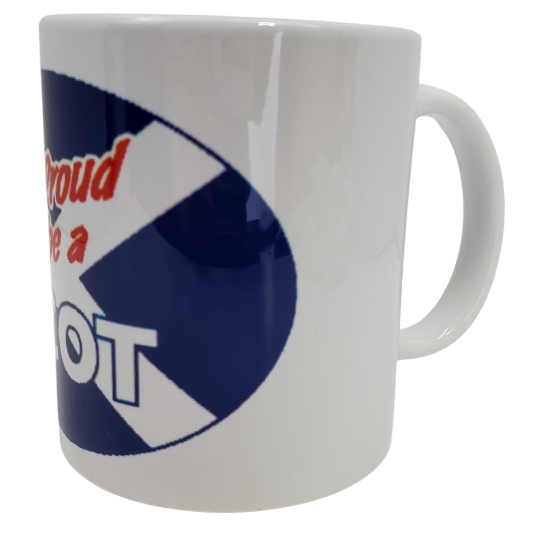 Show off your Scottish pride with your new coffee mug! This mug features the Scottish flag with the text "I'M PROUD TO BE A SCOT" Standard sized coffee mug.