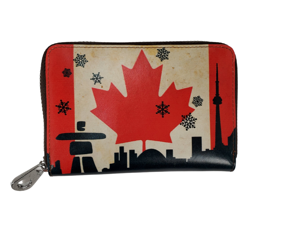 This mini wallet is perfect for a night on the town. This wallet has four card holders, a coin pouch centrally located with a zipper, and enough space on either side of the coin pouch for cash or more cards! This wallet is beautifully decorated with the Canadian Flag on both sides and one side features famous landmarks of Canada.
