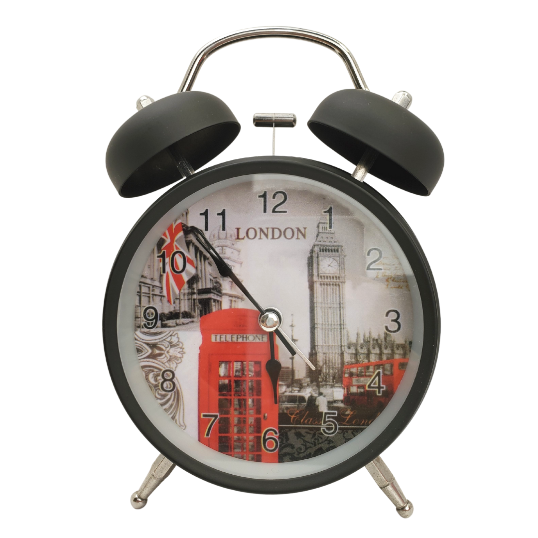 This classic-looking alarm clock with a British twist is ideal for the bedside. Large print numbers,  super loud alarm will make sure you're never late for work again!  Metal material, glass lens, and cute little feet. Battery operated Battery not included 