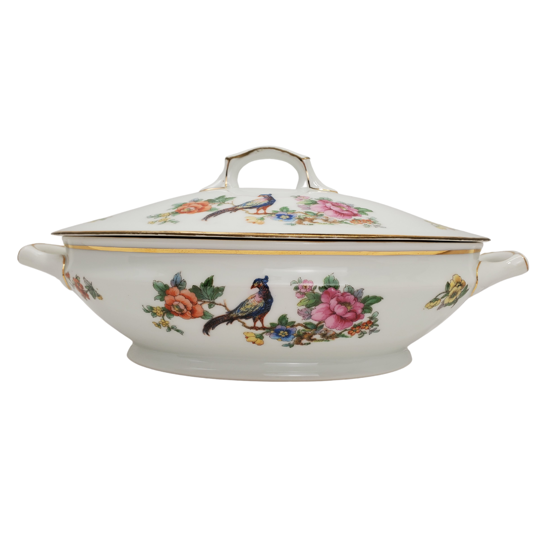 This beautiful casserole dish was made in Czechoslovakia. The gorgeous rose and peacock design is very traditional for the era (50/60s) when made. Covered with beautiful gold details. 12" L  x7.5" W x 3" H. Epiag casserole dish. 
