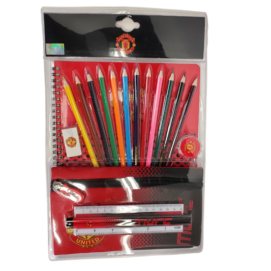 This is perfect for the young Manchester United fan!!!  This kit is not recommended for children 3 years old and younger.  This kit includes  two pencils, twelve coloured pencils, one ruler, one pencil case, one eraser, one pencil sharpener, and one notebook..