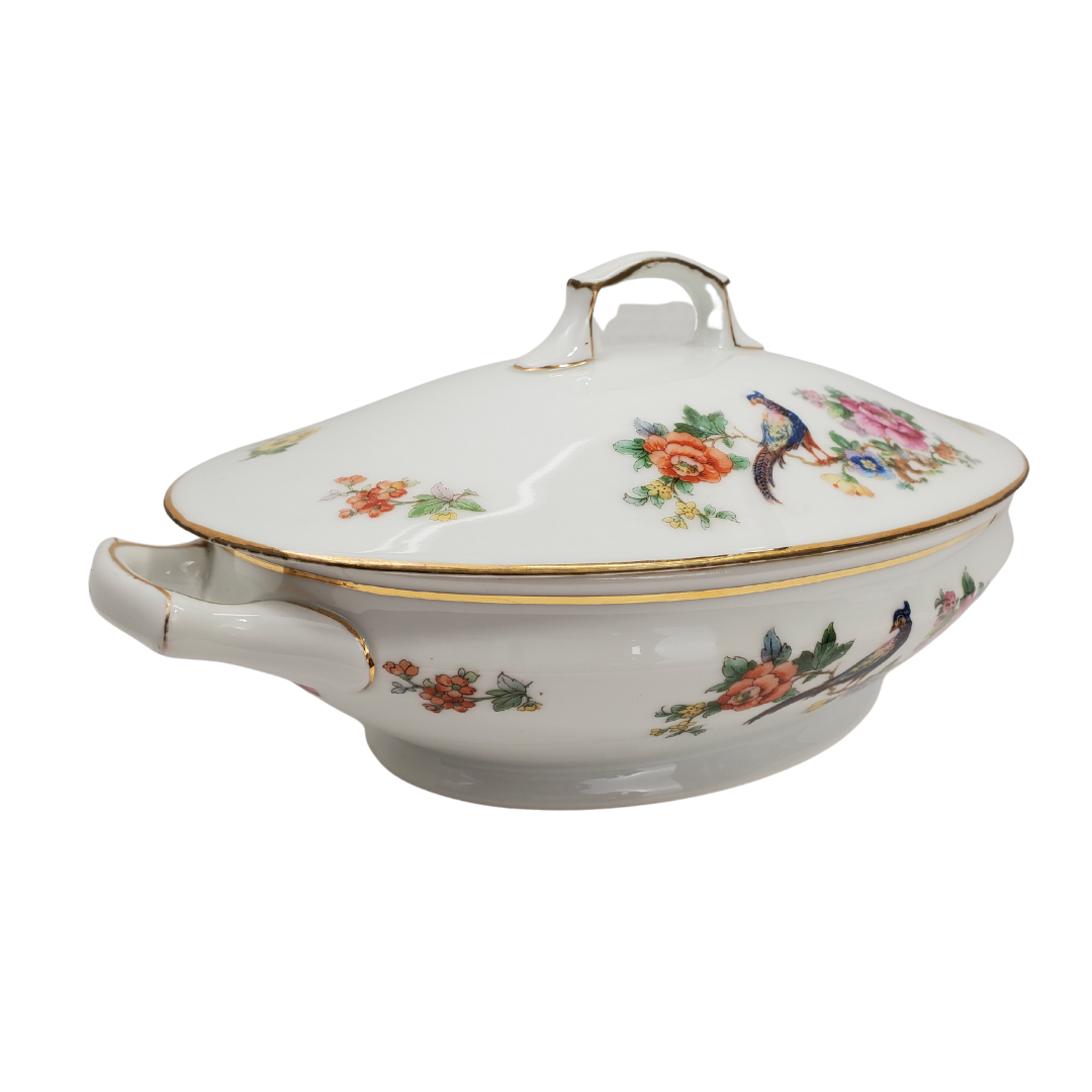 This beautiful casserole dish was made in Czechoslovakia. The gorgeous rose and peacock design is very traditional for the era (50/60s) when made. Covered with beautiful gold details. 12" L  x7.5" W x 3" H. Epiag casserole dish. 