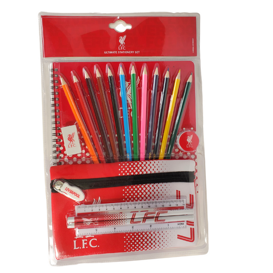 This is perfect for the young Liverpool fan!!!  This kit has small pieces is not recommended for children 3 years old and younger.   Kit includes  two pencils, twelve coloured pencils, one ruler, one pencil case, one eraser, one pencil sharpener, and one notebook.