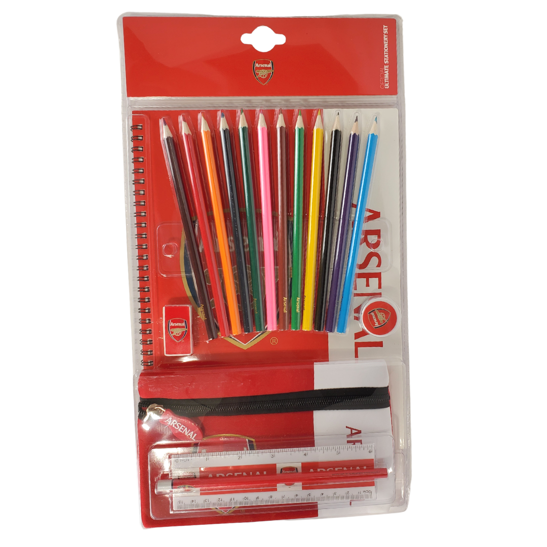 This is perfect for the young Arsenal fan!!! This kit includes one pencil, twelve coloured pencils, one ruler, one pencil case, one eraser, one pencil sharpener, and one notebook. This kit has small pieces and can be a choking hazard and is not recommended for children 3 years old and younger.