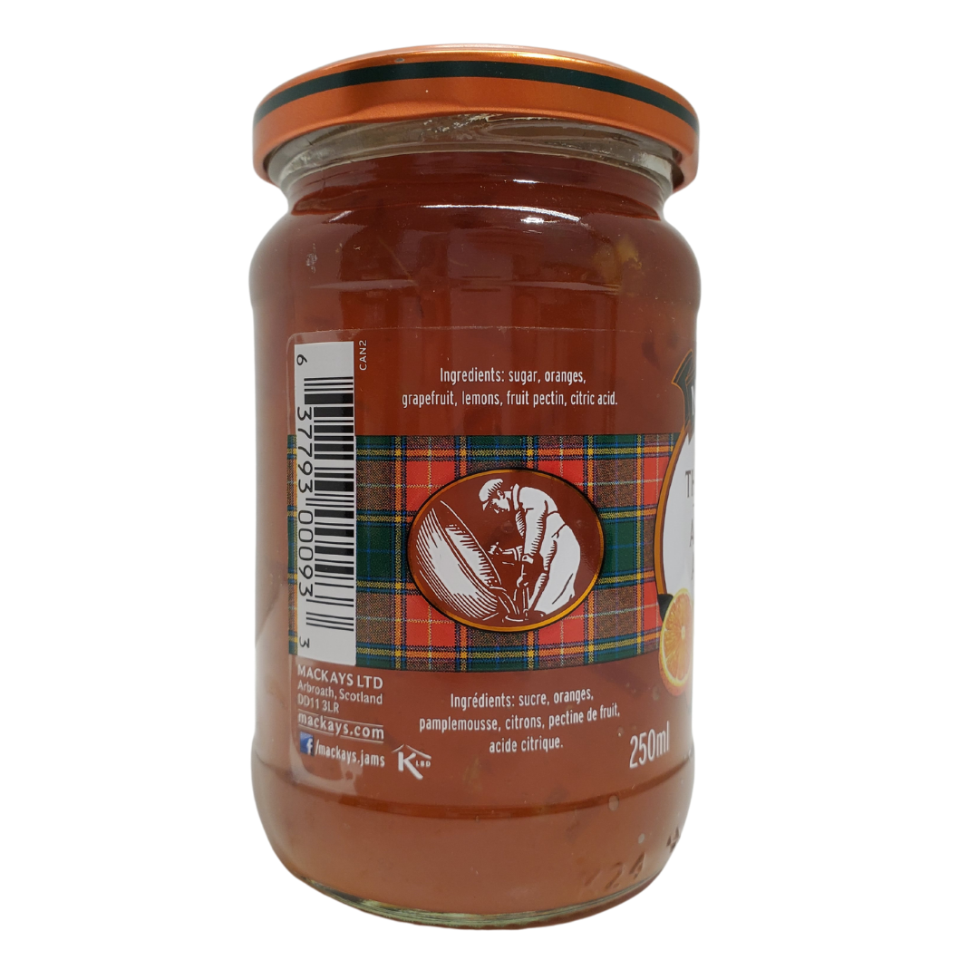 view of Ingredients list - Mackays three fruit marmalade.  Size: 250mL .  Product of Scotland.