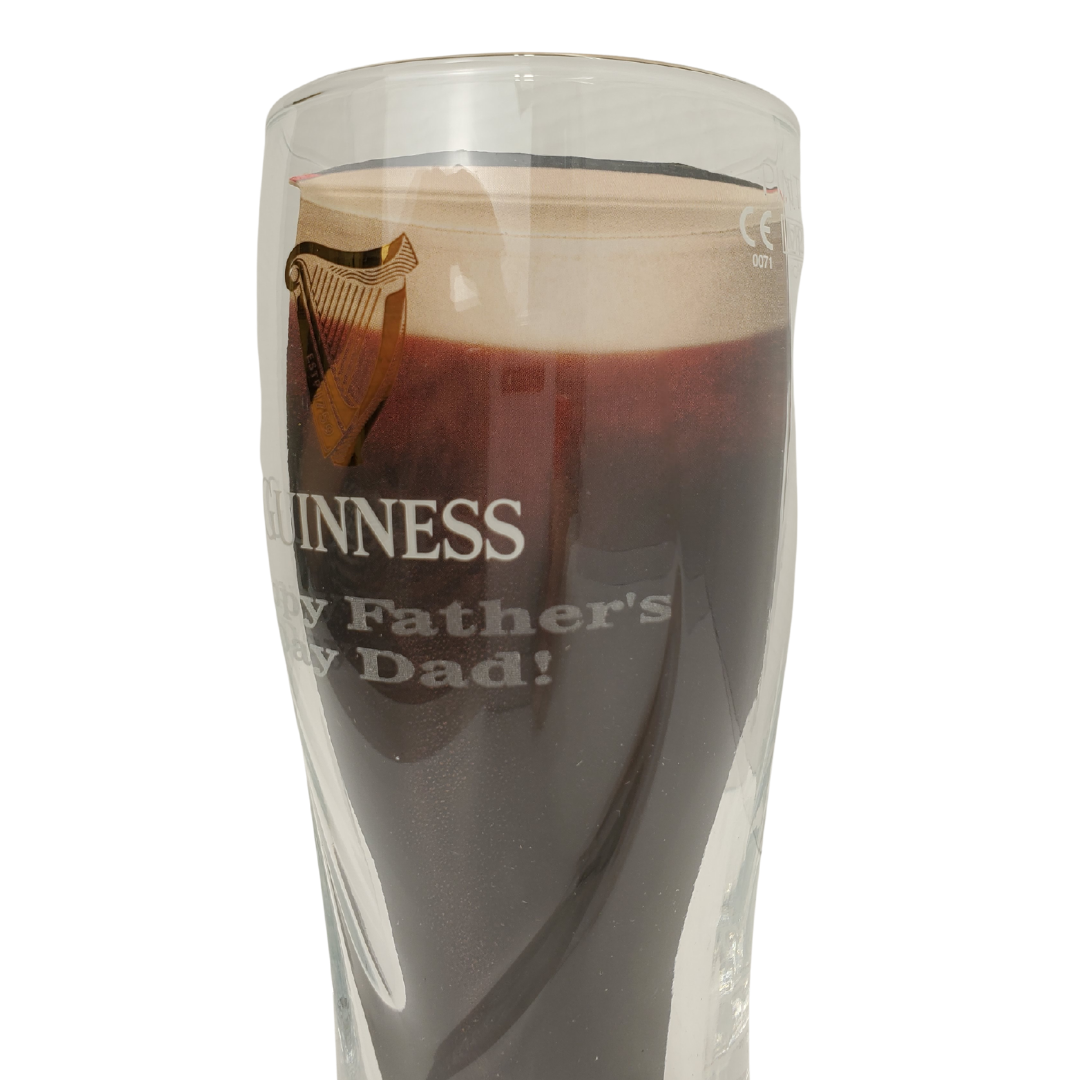 Get a father's day gift your dad will actually want! Official Guinness Fathersday engraved pint glass. This Guinness Happy Father's Day Engraved Gravity Pint Glass features a beautifully engraved pint glass with the words “Happy Birthday Dad” on it. The pint glass is a perfect gift for dad!  20 oz Official Guinness pint glass  "HAPPY FATHER'S DAY DAD!" engraved below the Guinness logo