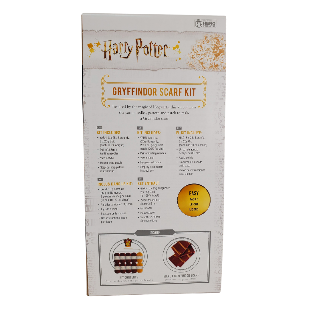 Back View of Box - Inspired by the magic of Hogwarts this kit contains everything you need to make your very own Gryffindor scarf. Knit your very own socks and mittens!  Kit Includes:   yarn, needles, and a pattern booklet.