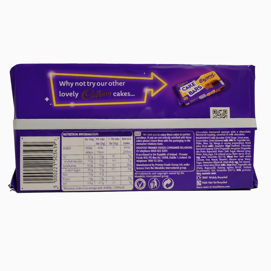 Back view of  package -Cadbury cake bars loaded with lovely milk chocolate. Chocolate flavoured sponge with chocolate flavoured topping coated in milk chocolate.