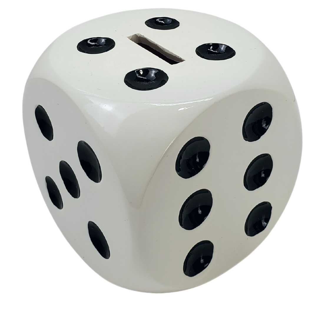 This dice-shaped coin bank is the perfect way to save your spare change! This six-sided die has five numbers on the top and outer edges, where the bottom is fitted with a grommet to release your change. This coming bank is approx 4" x 4" x 4."