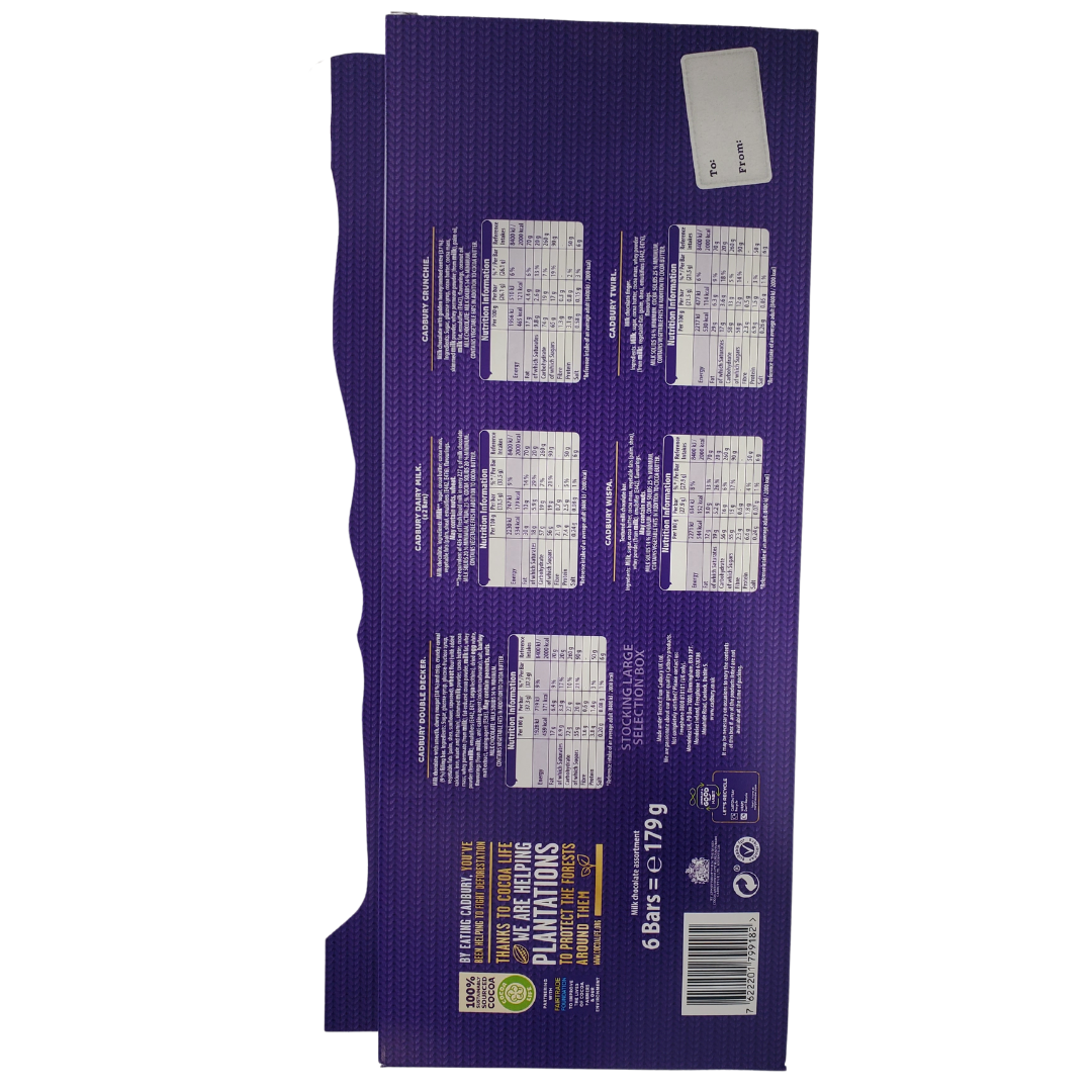 Back of Box - This Cadbury stocking comes packed with a variety of Cadbury's famous chocolates. Included in this cardboard stocking are Cadbury Dairy Milk (x2), Cadbury Crunchie, Cadbury Double Deckers, Cadbury Twirl, and Cadbury Wispa chocolates.