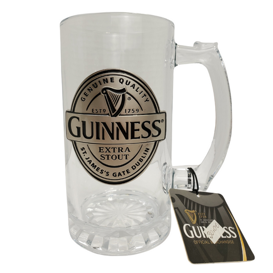 Feel like you are at an Irish pub while relaxing at home with our Guinness beer stein. Featuring the classic emblem embossed harp and textured glass and metal Guinness logo.  Official Guinness Beer Stein Thick Durable Glass  Embossed Logo 
