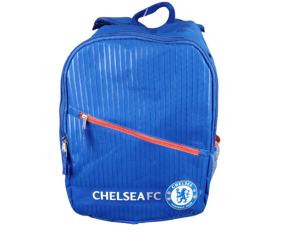 Blue backpack with red zipper. On the lower portion of the bag is the text Chelsea FC with the official logo. 