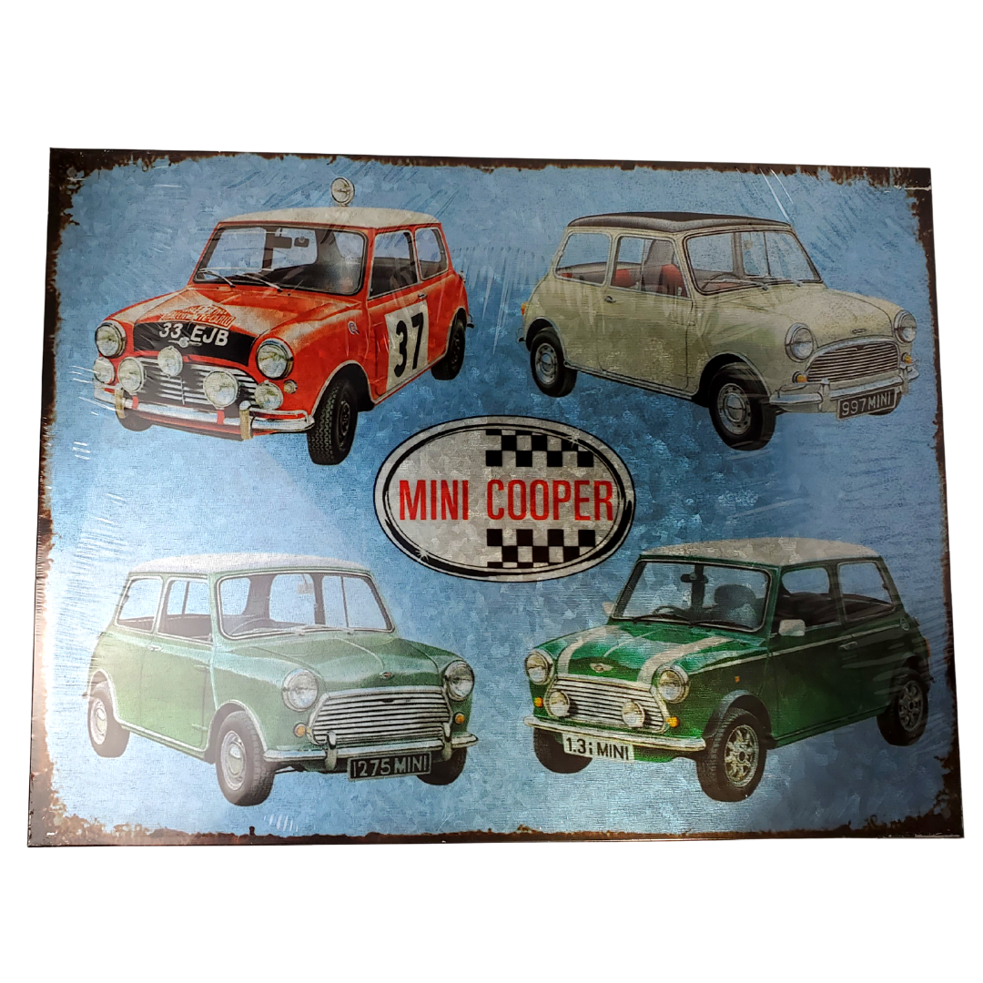 Vintage decorative metal Mini Cooper plaque. This plaque is perfect for your garage, home bar, or your man cave.  Dimensions: Approx 30 x 40in.