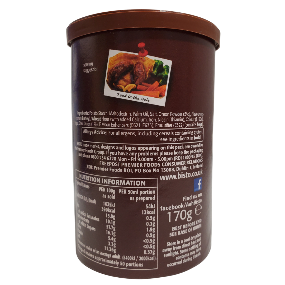 Bistro onion gravy granules. UK's favourite gravies. Easy to make. Just combine four heaping teaspoons of Bistro granules with 280mL of boiling water; Stir until homogenous and smooth to enjoy.