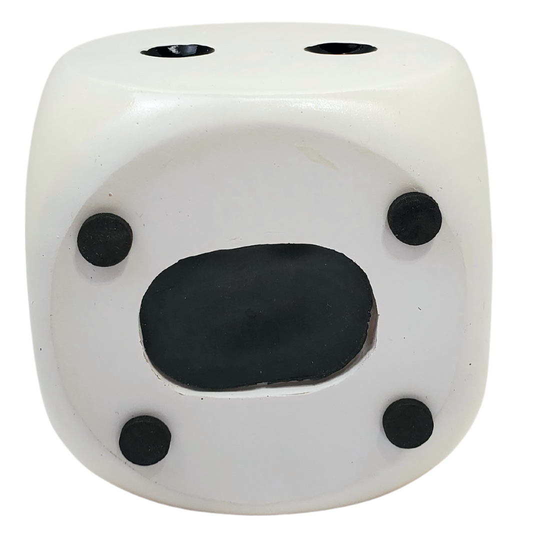 Bottom View - This dice-shaped coin bank is the perfect way to save your spare change! This six-sided die has five numbers on the top and outer edges, where the bottom is fitted with a grommet to release your change. This coming bank is approx 4" x 4" x 4."